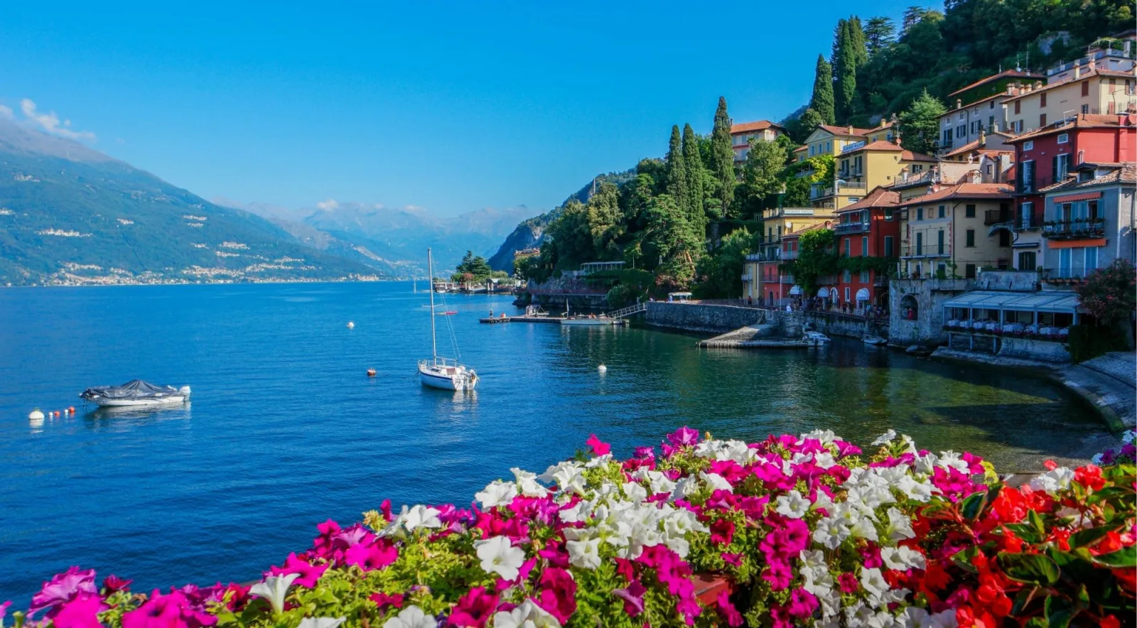 Varenna's colourful waterfront houses and a moored sailboat beneath the mountains, framed by pink and white flowers